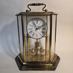 VTG Bulova Anniversary Clock Glass Gold Brass Rotating Pendulum Quartz GERMANY